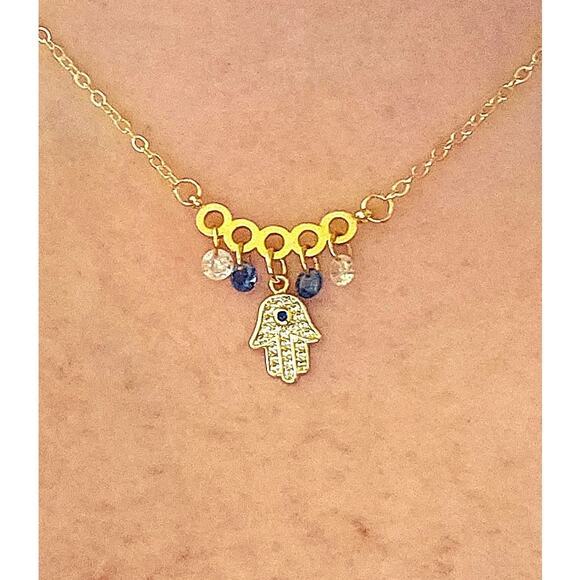Dainty CZ Hamsa Necklace Pendant Crystals Unique Gold-Plated Adjustable Chain - Picture 5 of 6